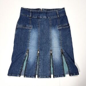 Vintage Exocet Denim Midi Skirt with Zipper and Mesh‎ Details